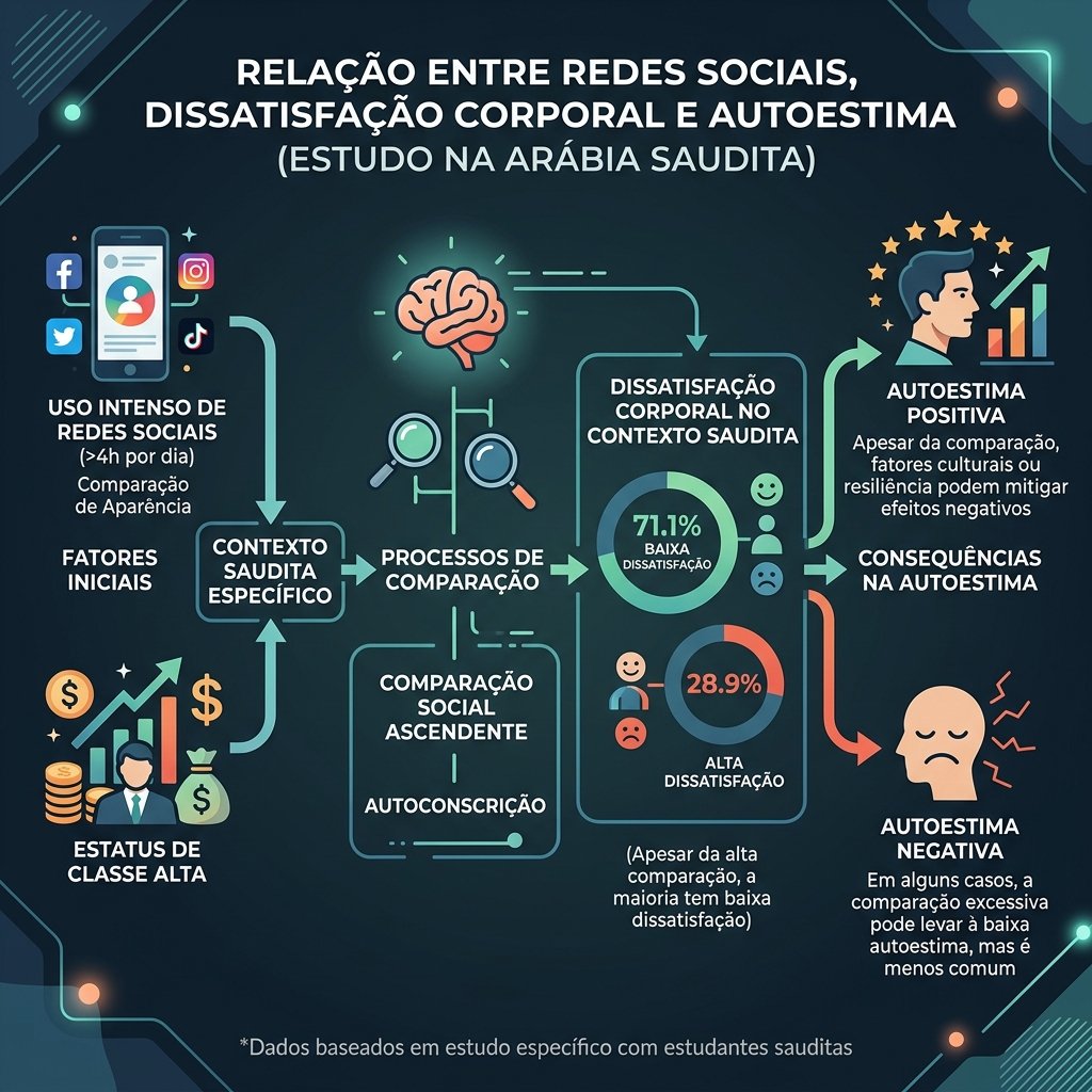 Infográfico ilustrando a relação entre uso de redes sociais, classe socioeconômica alta e a baixa insatisfação corporal geral no estudo saudita