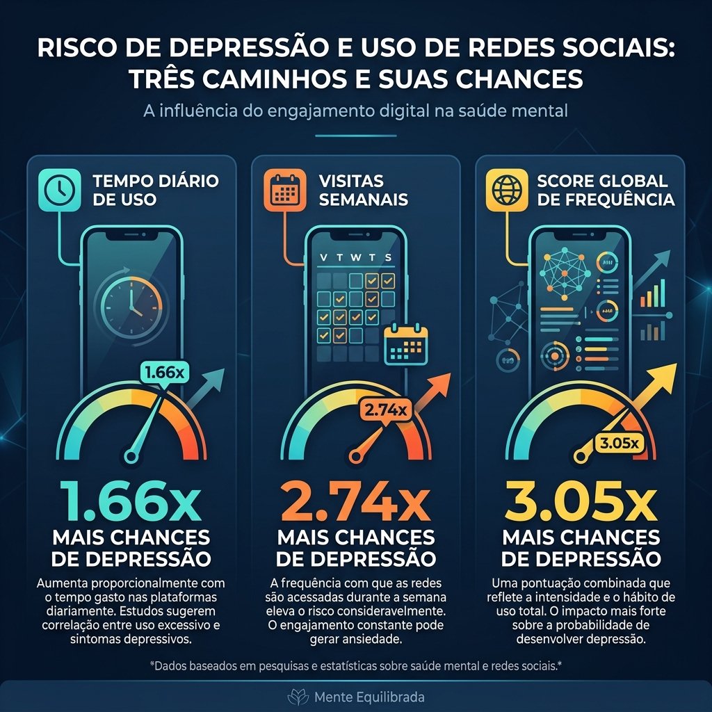 Infográfico ilustrando os riscos comparativos de depressão por tempo de tela diário, visitas semanais e escore global de frequência de acordo com Lin et al.