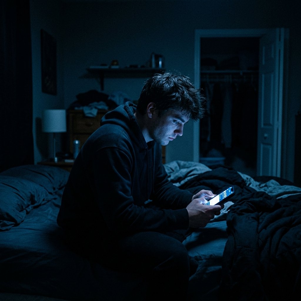 Ilustração fotográfica realista em tom azulado de um jovem olhando fixamente para a tela brilhante de um celular em um quarto escuro, transmitindo uma sensação de isolamento e introspecção