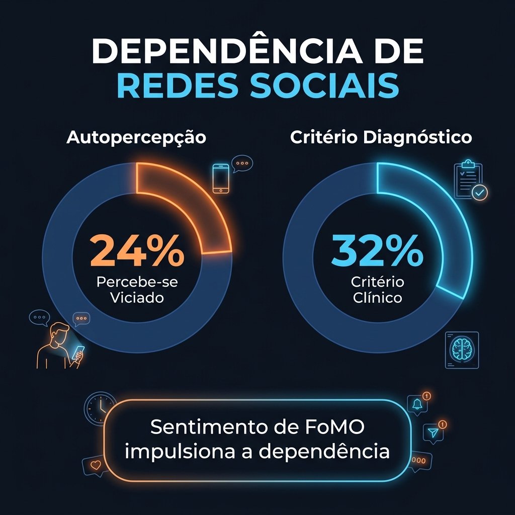 Infográfico em formato 16:9 ilustrando a contradição entre a percepção subjetiva de vício em redes sociais e o diagnóstico clínico real por meio da escala BSMAS, com as diretrizes finlandesas de uso saudável