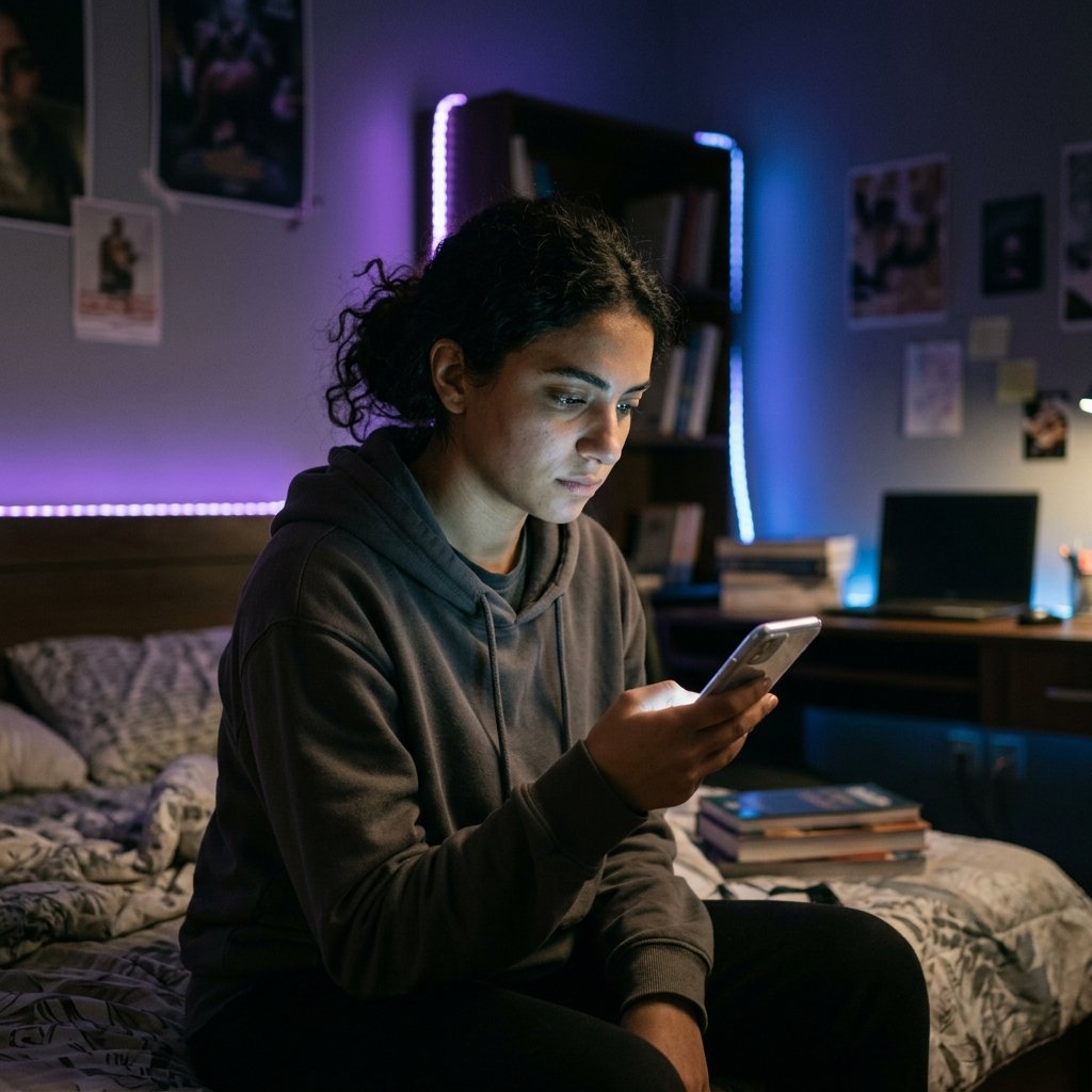 Uma jogadora egípcia deitada no quarto escuro olhando para a tela do celular