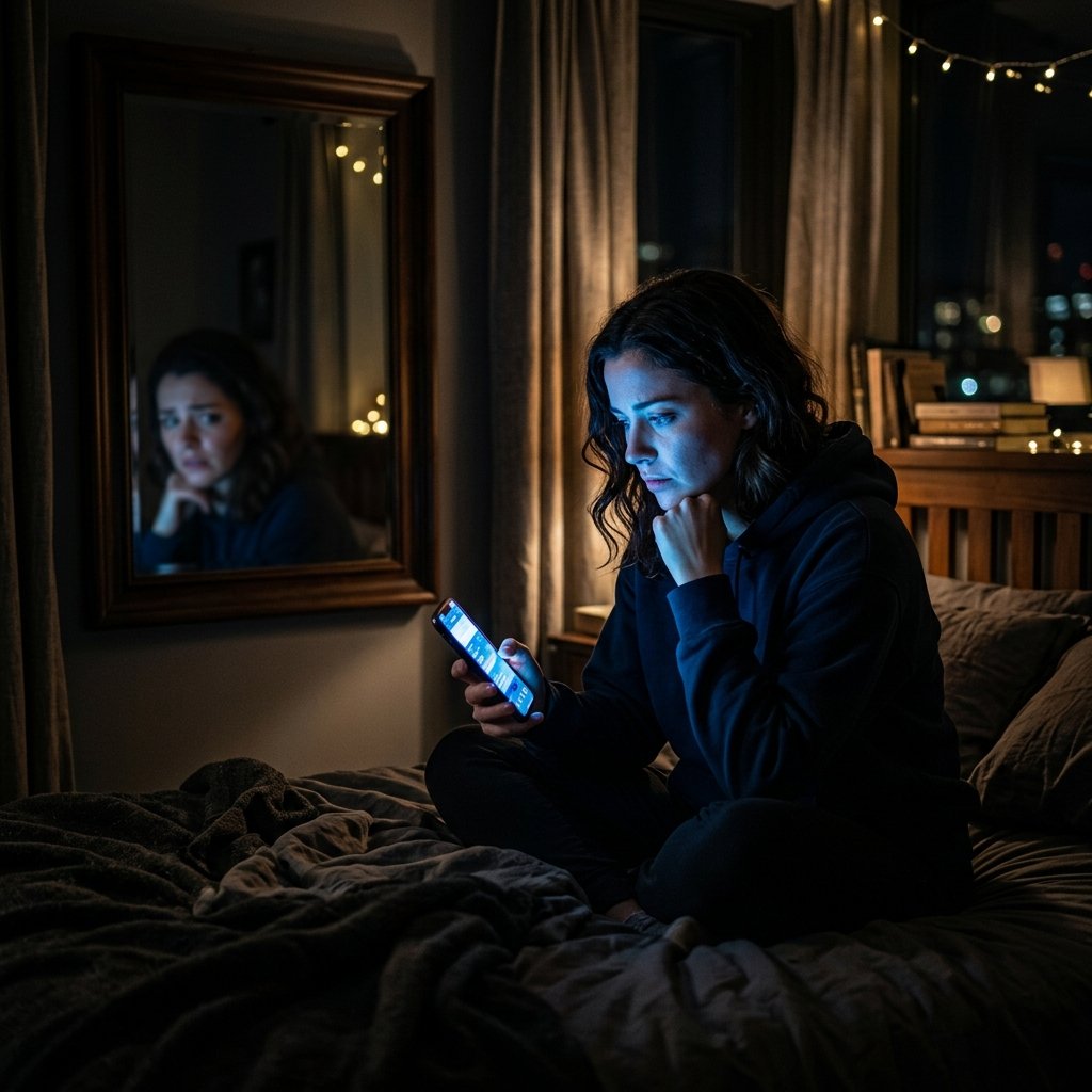 Jovem adulto refletindo sobre autoestima e redes sociais diante do brilho de uma tela de smartphone no espelho, com expressão de autocrítica