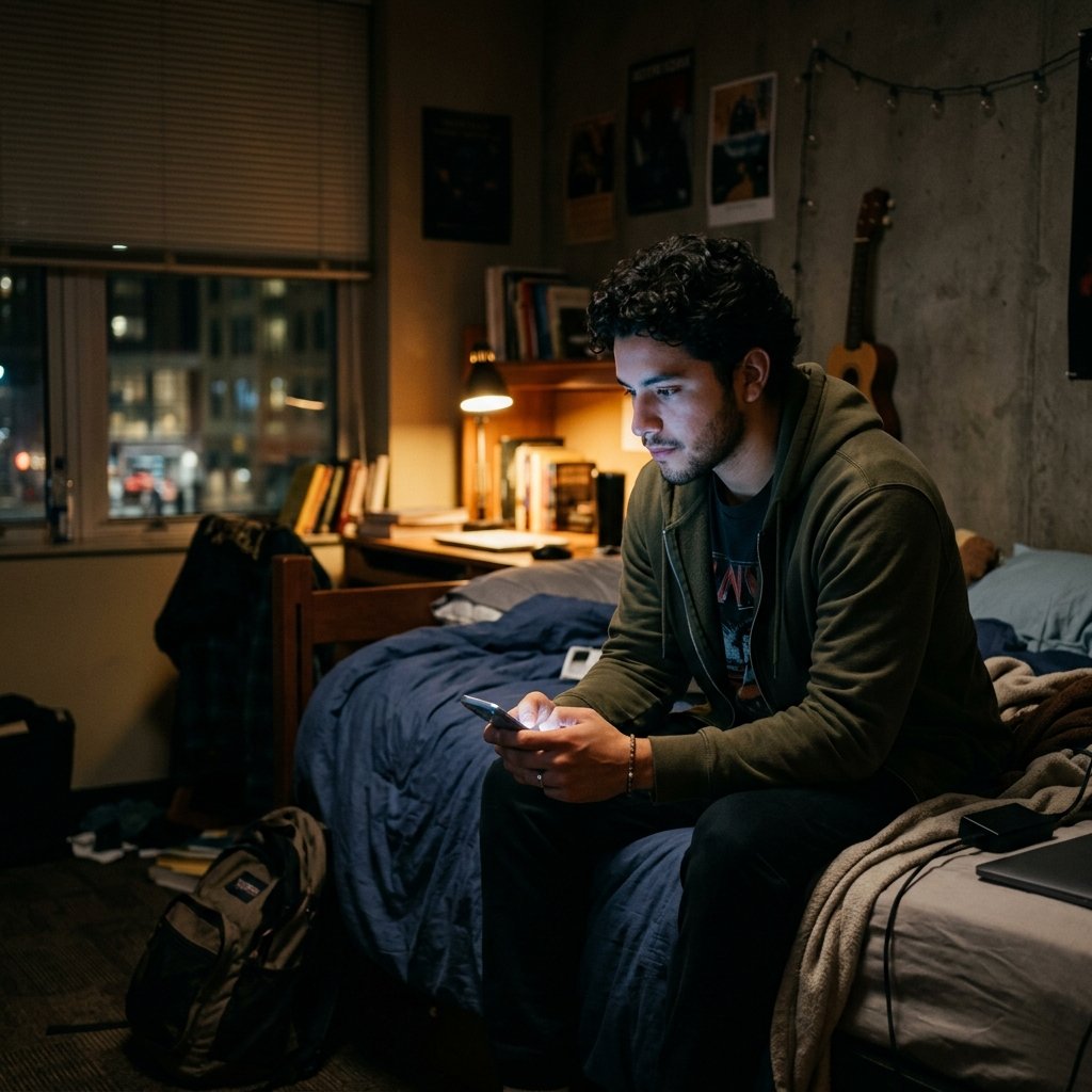 Estudante com investimento emocional e autocontrole fragilizado nas redes sociais olhando para a tela de um smartphone brilhando no escuro