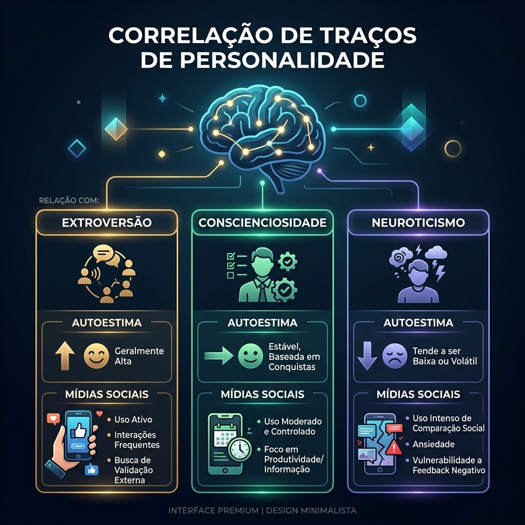 Infográfico sobre autoestima e redes sociais resumindo a influência dos traços de personalidade Big Five na intensidade de uso de mídias e no nível de autoestima dos jovens