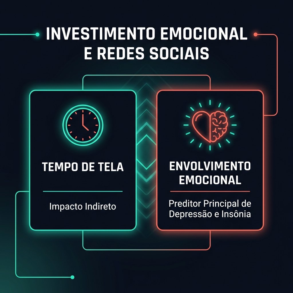 Infográfico sobre investimento emocional e autocontrole nas redes sociais comparando Tempo de Tela e Relação Psicológica
