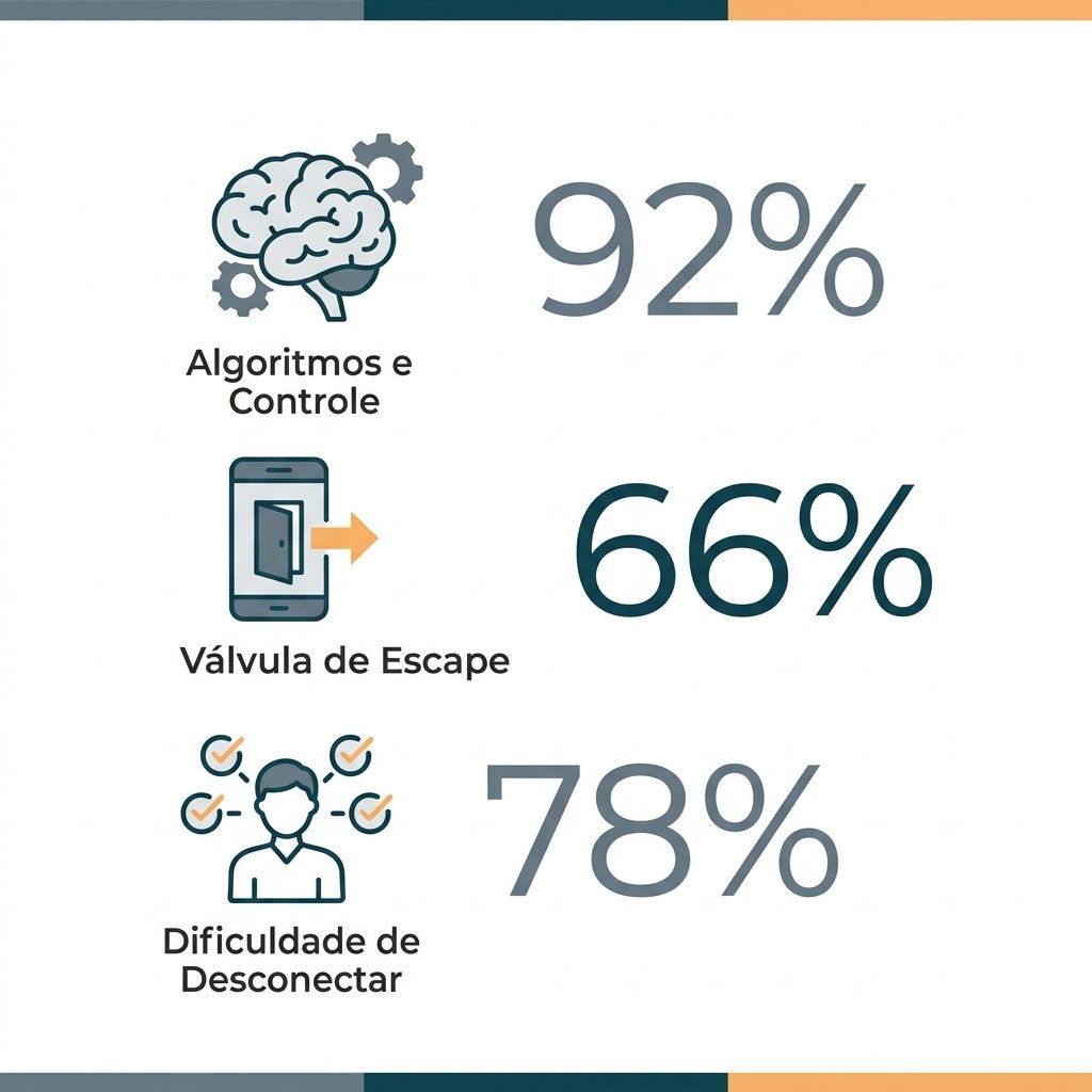 Infográfico com estatísticas sobre a manipulação dos algoritmos e os sintomas de perda de controle nas redes sociais