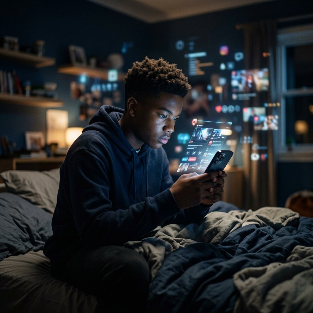 Um jovem negro no quarto escuro olhando fixamente para a tela iluminada de seu celular, em meio à desinformação sobre TDAH no TikTok
