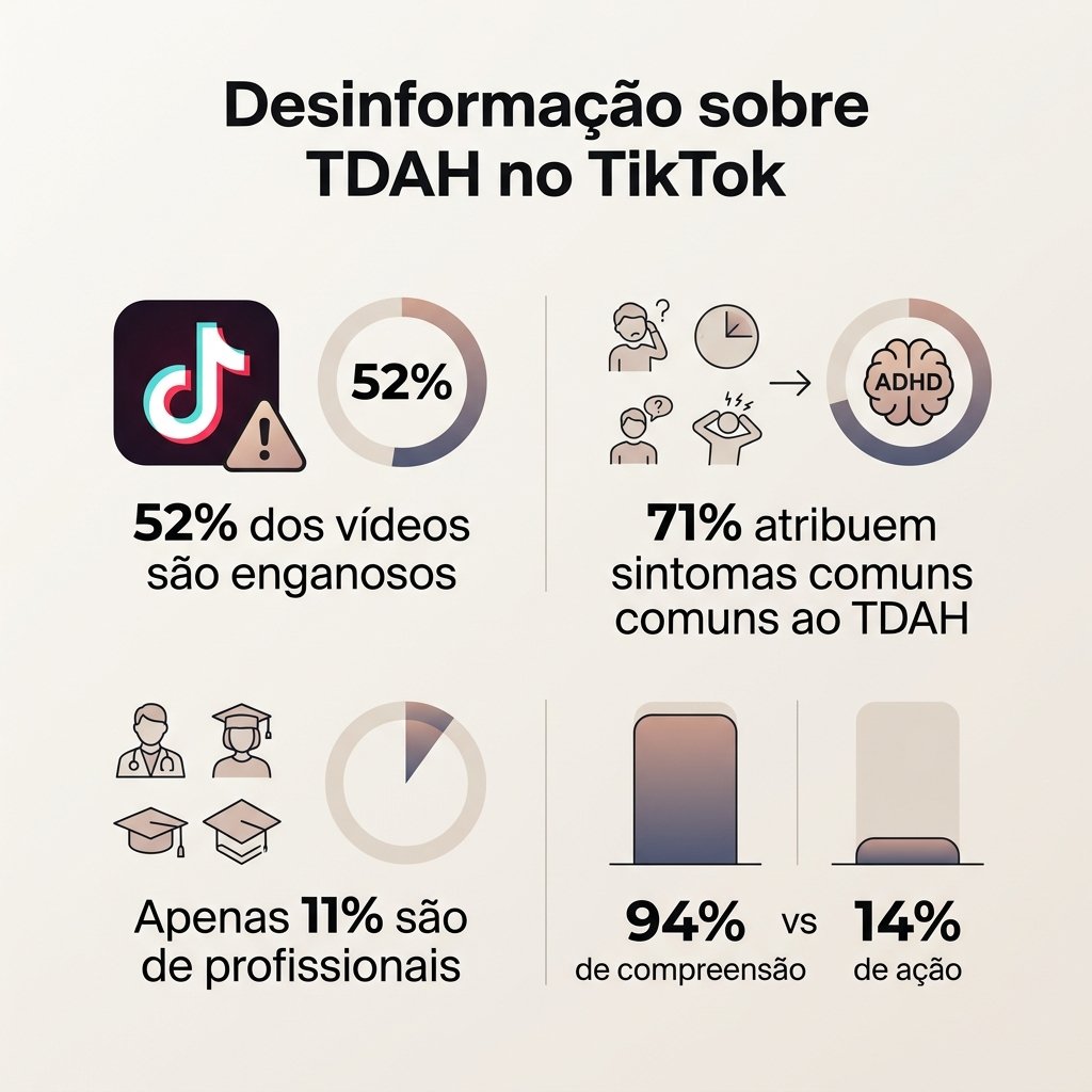 Infográfico detalhando as estatísticas do estudo sobre desinformação sobre TDAH no TikTok, incluindo taxas de vídeos enganosos e autodiagnóstico