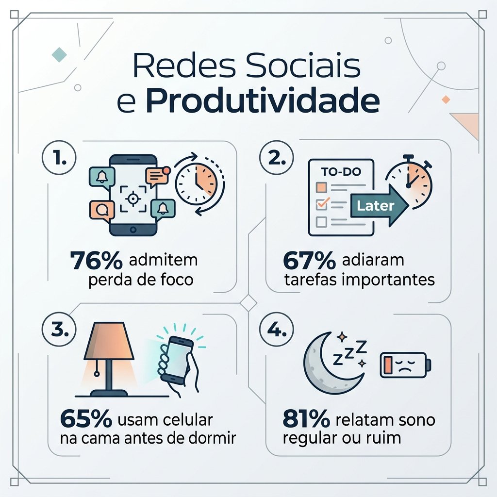 Infográfico detalhando os dados estatísticos sobre redes sociais no trabalho, incluindo perda de foco e impactos na higiene do sono