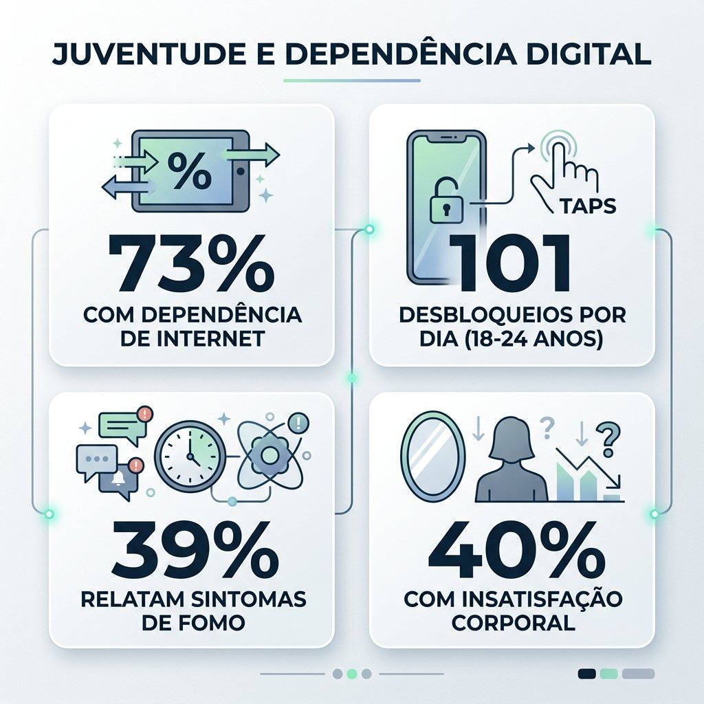 Infográfico apresentando dados estatísticos compilados sobre nomofobia, dependência de internet e ansiedade digital na juventude