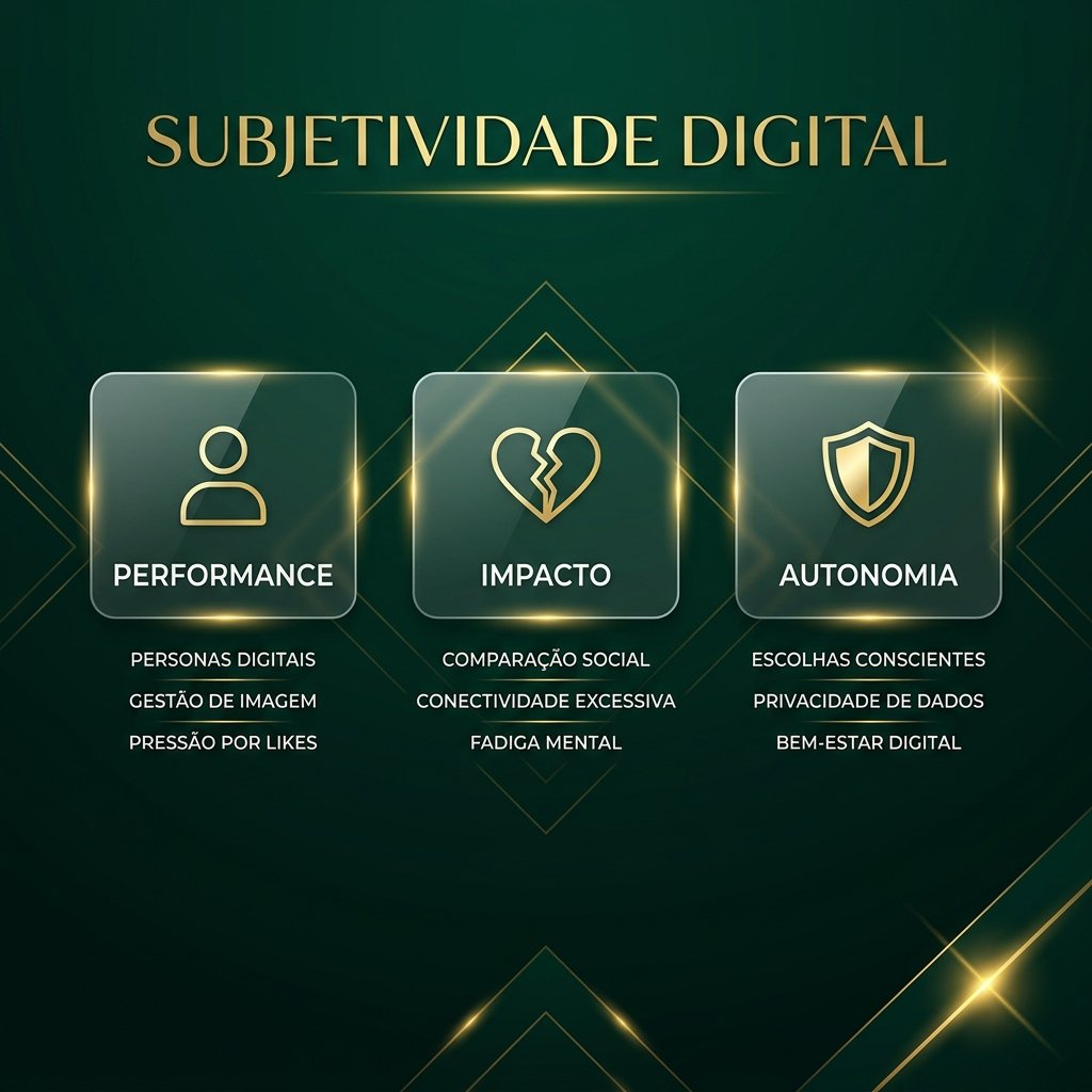Infográfico detalhando a subjetividade digital com dados sobre a psicologia das redes sociais, Cambridge Analytica e economia psíquica