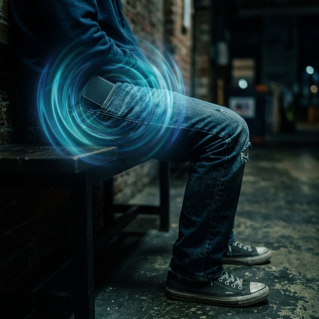 A perna de um jovem em calça jeans com ondas de choque azuis translúcidas saindo do bolso, simbolizando a ilusão tátil da síndrome do toque fantasma