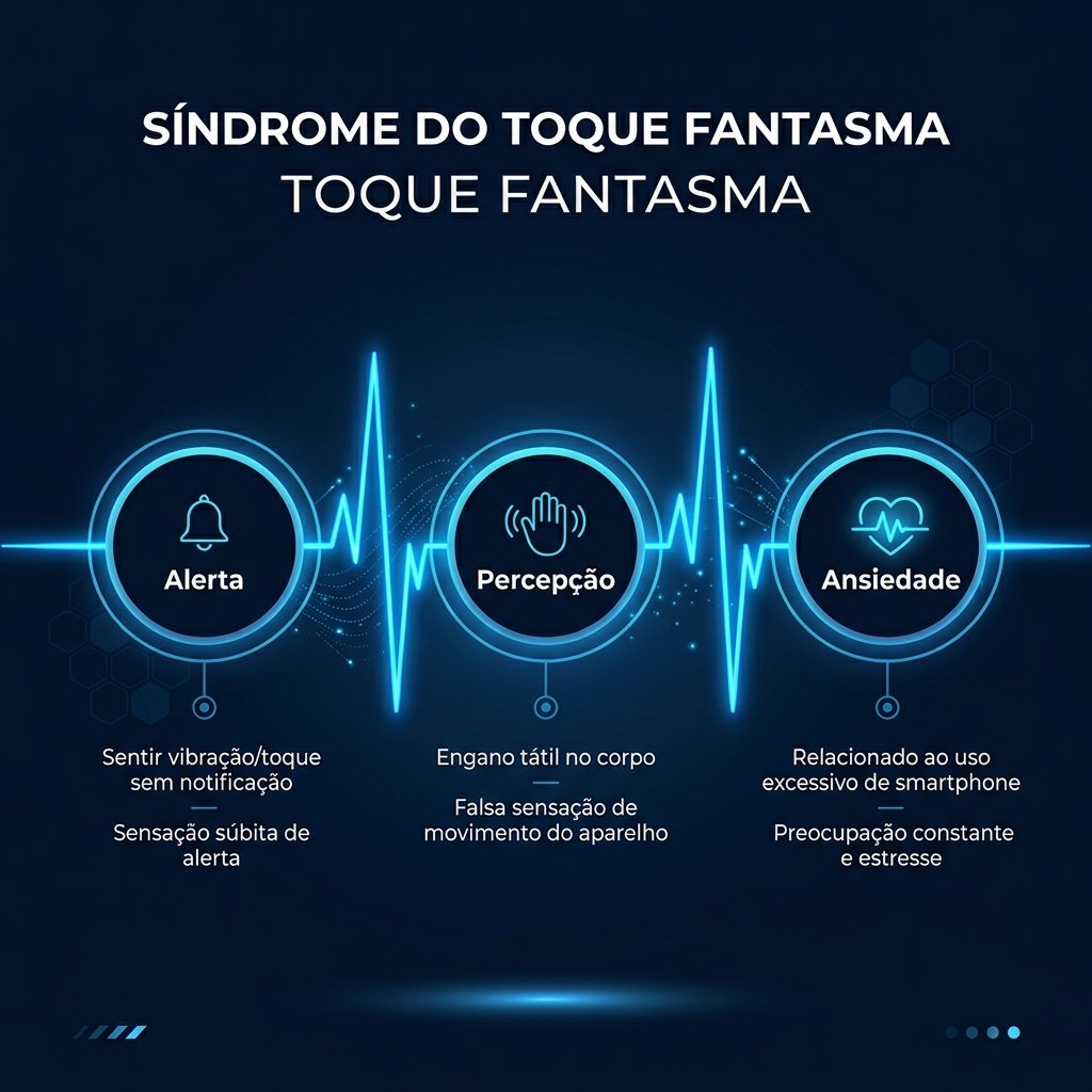 Infográfico detalhando a síndrome do toque fantasma com dados de depressão, cyberbullying e escalas de triagem clínica na juventude