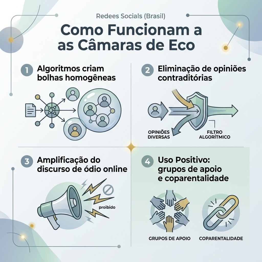 Infográfico detalhando o ciclo de formação das câmaras de eco, polarização e discurso de ódio online