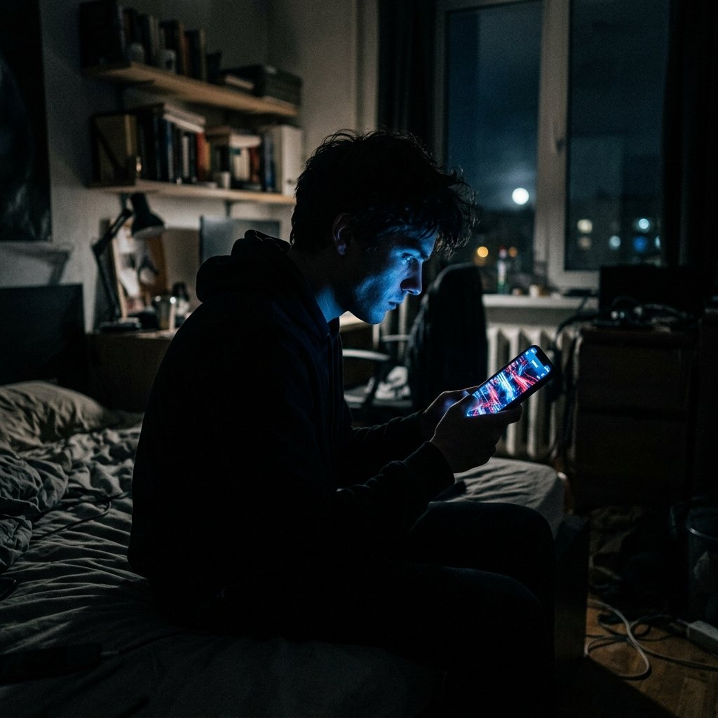 Silhueta de uma pessoa em quarto escuro iluminada apenas pelo brilho azul de uma tela de celular que projeta dados turbulentos, representando o doomscrolling