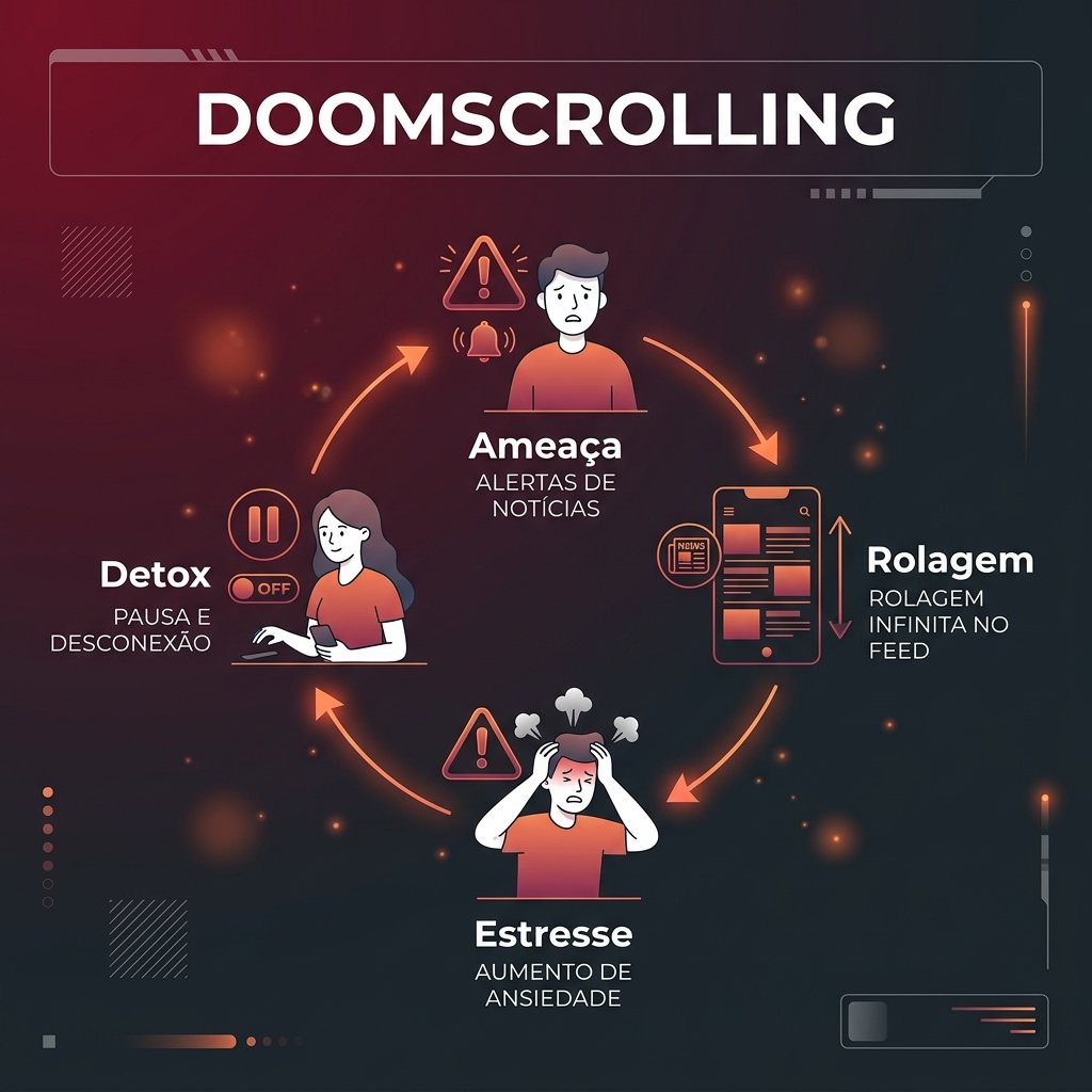 Infográfico detalhando o ciclo do doomscrolling com dados de ansiedade, comparação social ascendente e estratégias de desconexão