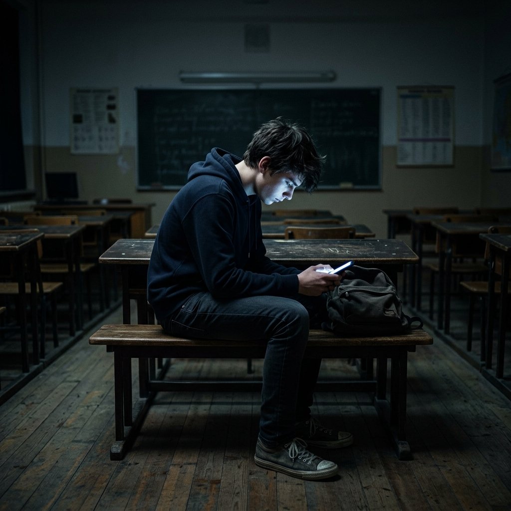 Adolescente sentado sozinho em banco de escola vazio olhando fixamente para a tela iluminada do celular, representando a dependência digital adolescentes