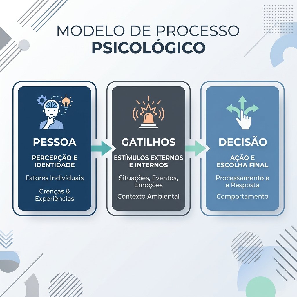Um infográfico conceitual minimalista detalhando as etapas do modelo I-PACE: Pessoa, Gatilhos e Decisão
