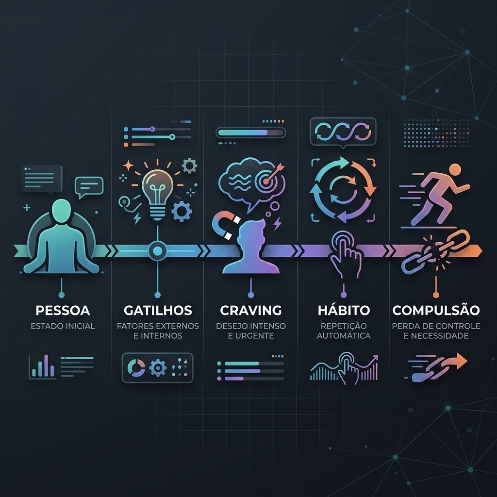 Infográfico conceitual do modelo I-PACE atualizado detalhando o ciclo do hábito à compulsão