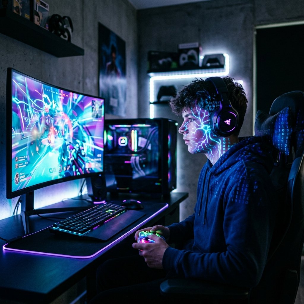 Imagem conceitual premium sobre os modelos etiológicos do vício em games mostrando um jovem jogando em uma tela de neon