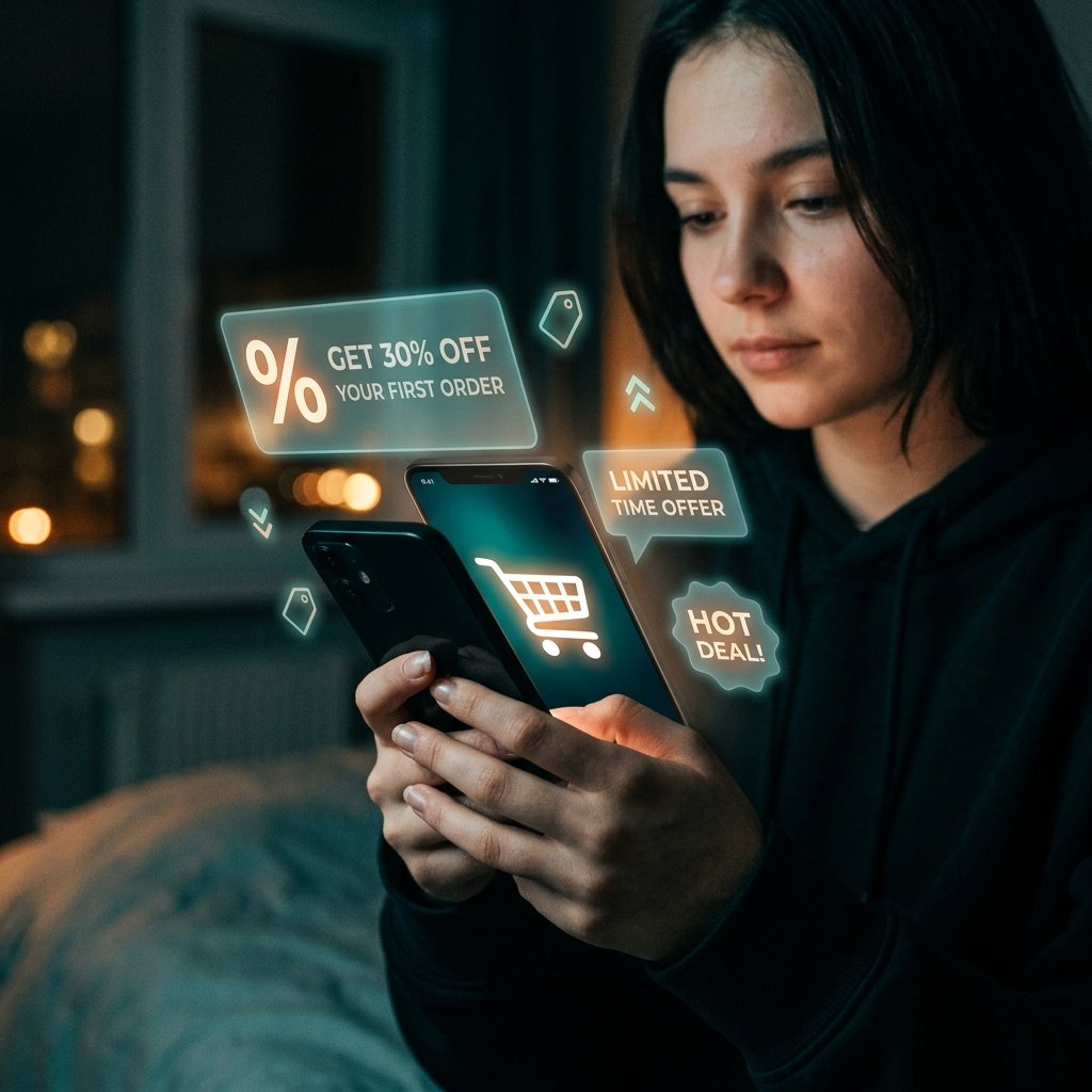 Mãos segurando smartphone iluminado por notificações de compras e consumo inconsciente nas redes sociais
