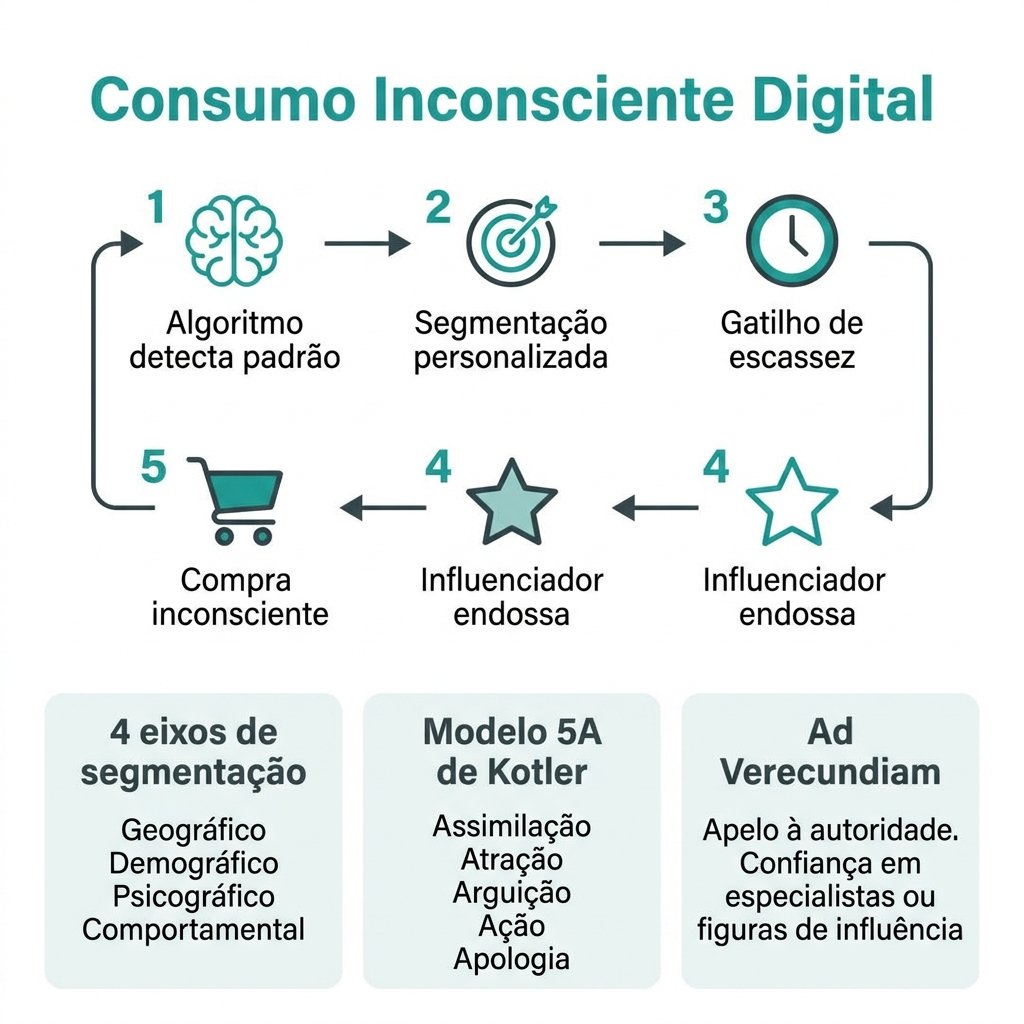 Infográfico sobre consumo inconsciente nas redes sociais mostrando ciclo algorítmico e gatilhos mentais