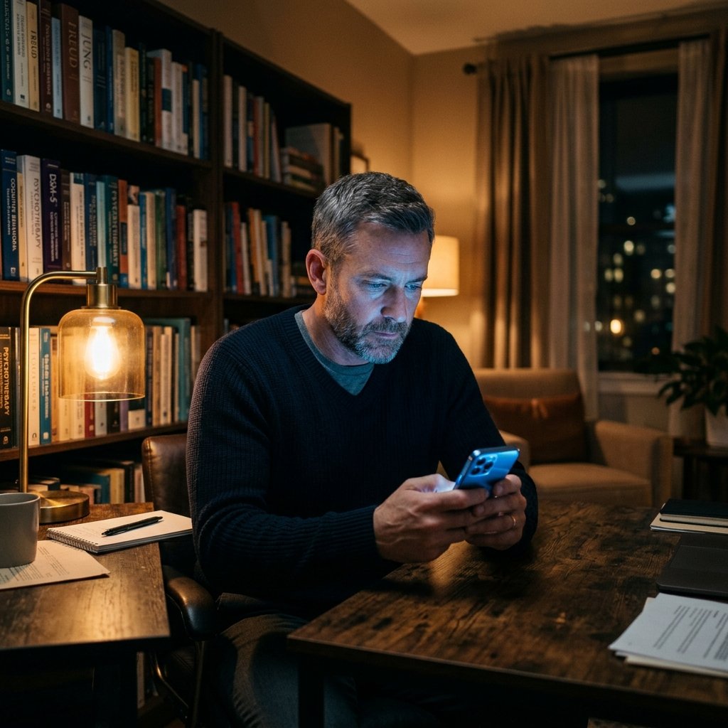 Profissional de psicologia absorto na tela do smartphone em um consultório iluminado por luz azul digital, retratando a dependência de internet em psicólogos