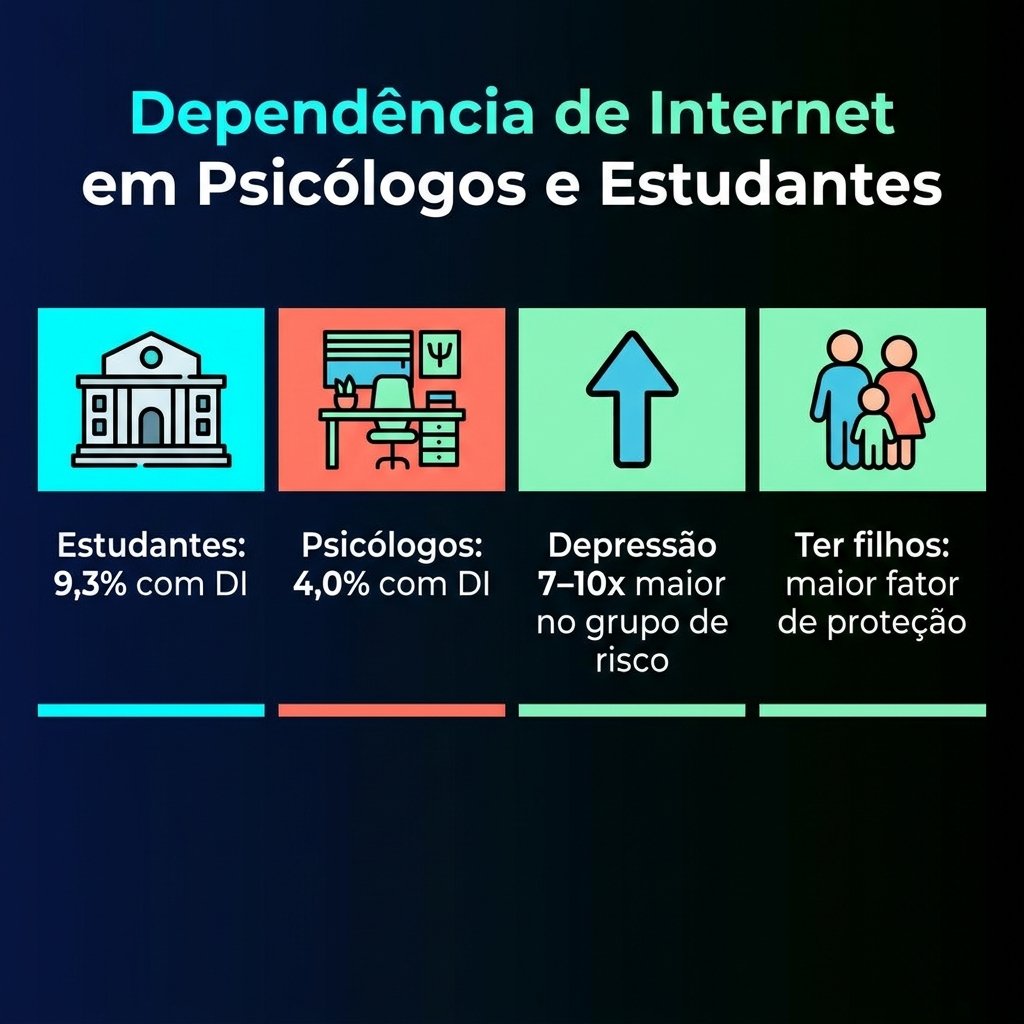 Infográfico minimalista mostrando dados sobre dependência de internet em psicólogos e estudantes de psicologia no Brasil