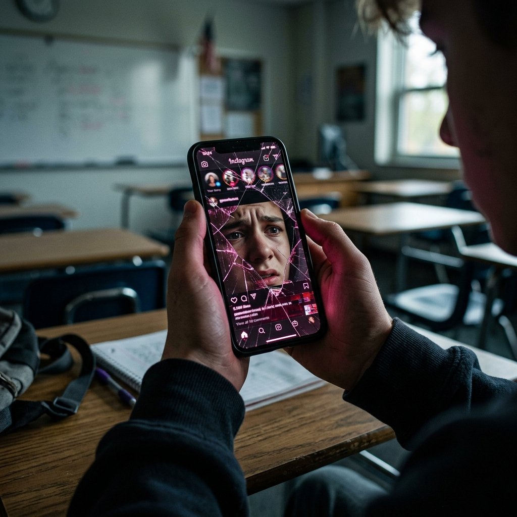 Mãos de adolescente segurando smartphone com brilho púrpura perturbador, transmitindo o conceito de uso problemático de redes sociais e saúde mental