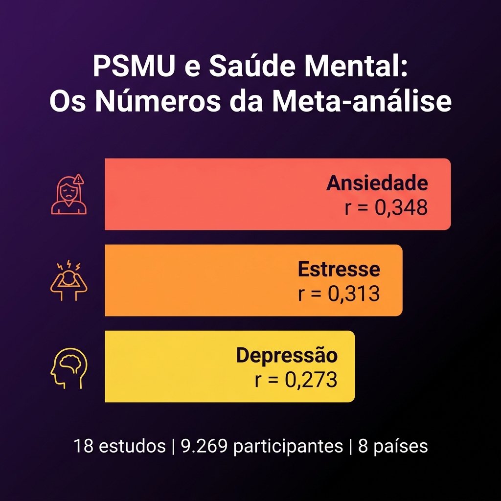Infográfico mostrando as correlações entre uso problemático de redes sociais e saúde mental: ansiedade, estresse e depressão