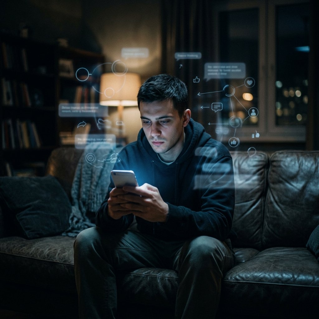 Um jovem absorto na tela do celular em um quarto escuro, cercado por representações visuais flutuantes de suas preocupações digitais e desire thinking no modelo i-pace