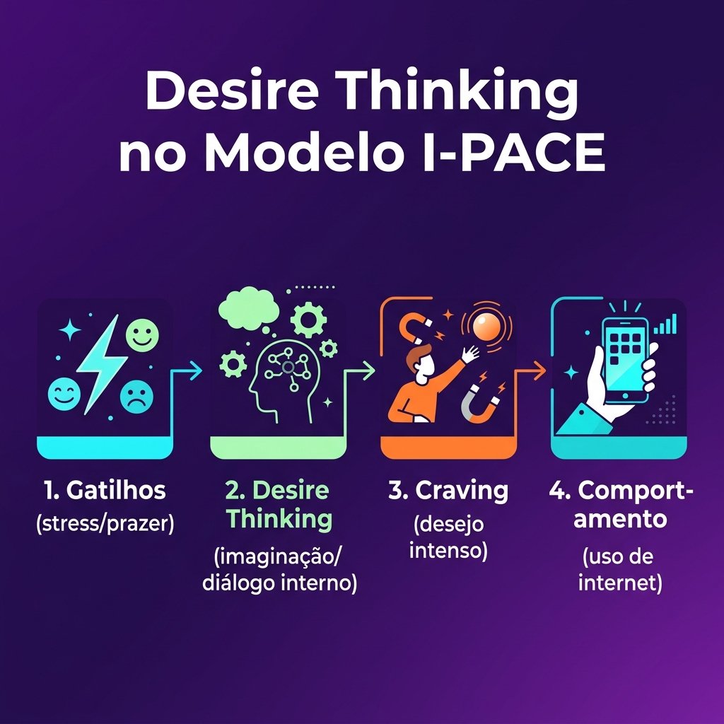 Infográfico em português brasileiro mapeando o fluxo do desire thinking no modelo i-pace com as rotas de prazer e alívio