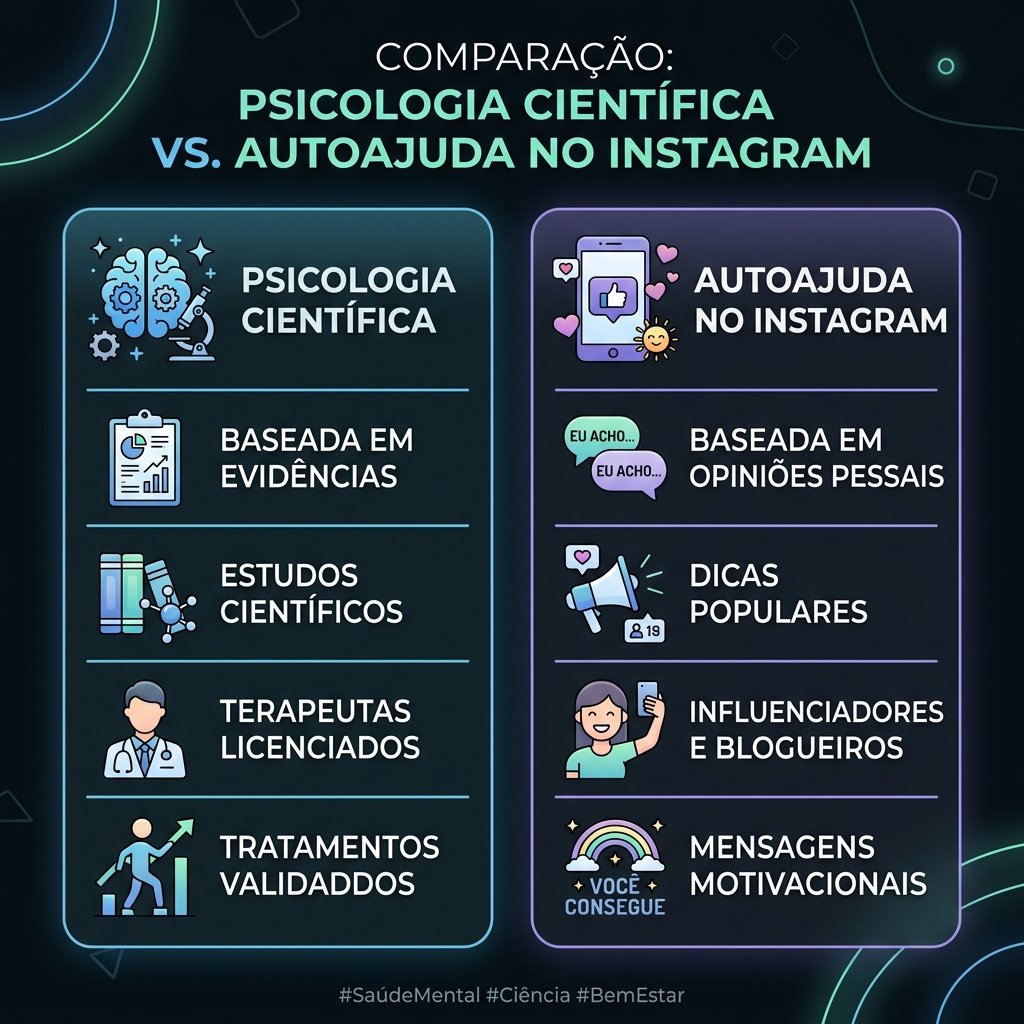 Infográfico representativo com fundo escuro, minimalista, contendo ícones limpos em tons HSL que ilustram a diferença entre representação científica da psicologia e a autoajuda simplista nas redes sociais.