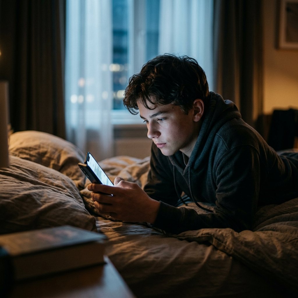 Adolescente refletindo com o brilho do celular no rosto: o autodiagnóstico TikTok saúde mental começa assim, no escuro do quarto