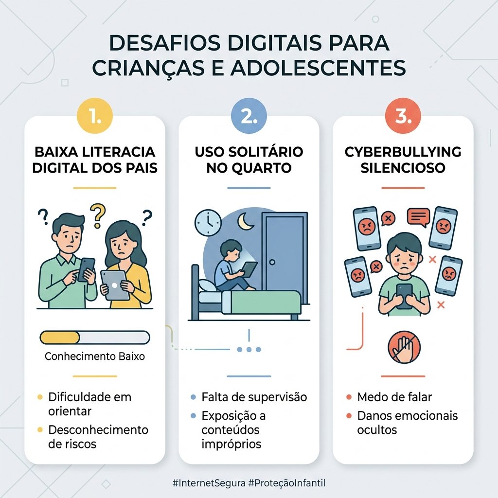 Infográfico ilustrando a relação entre a falta de competências digitais dos pais, o uso solitário no quarto de dormir e os riscos ocultos como o cyberbullying silencioso