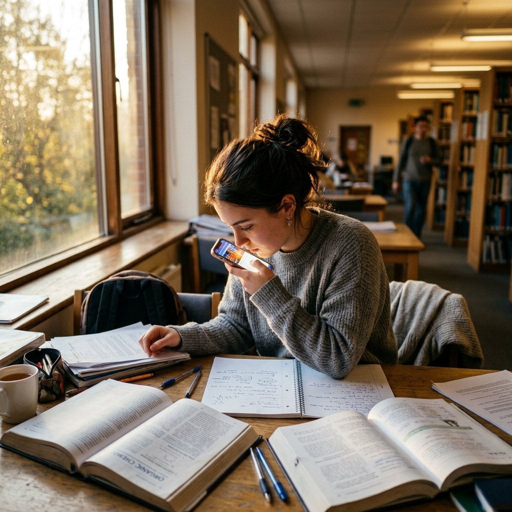 Estudante distraído pelo celular analisando a dependência de smartphone e desempenho escolar