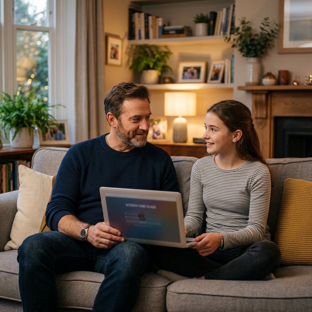 Pai em conversa acolhedora com filha sobre a mediação parental e uso de telas