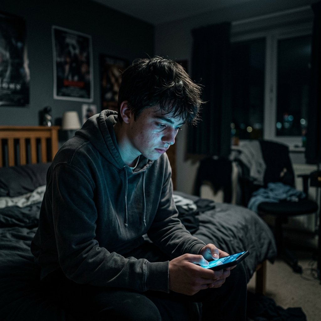 Jovem em quarto escuro impactado pela vitimização por cyberbullying ao olhar o celular