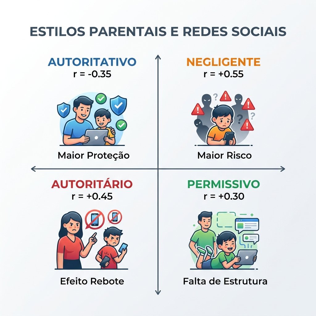 Infográfico exibindo os estilos parentais e vício em redes sociais