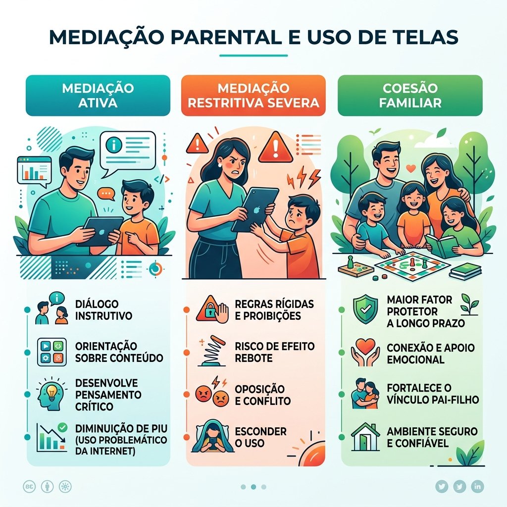 Infográfico sobre estratégias de mediação parental e uso de telas em adolescentes