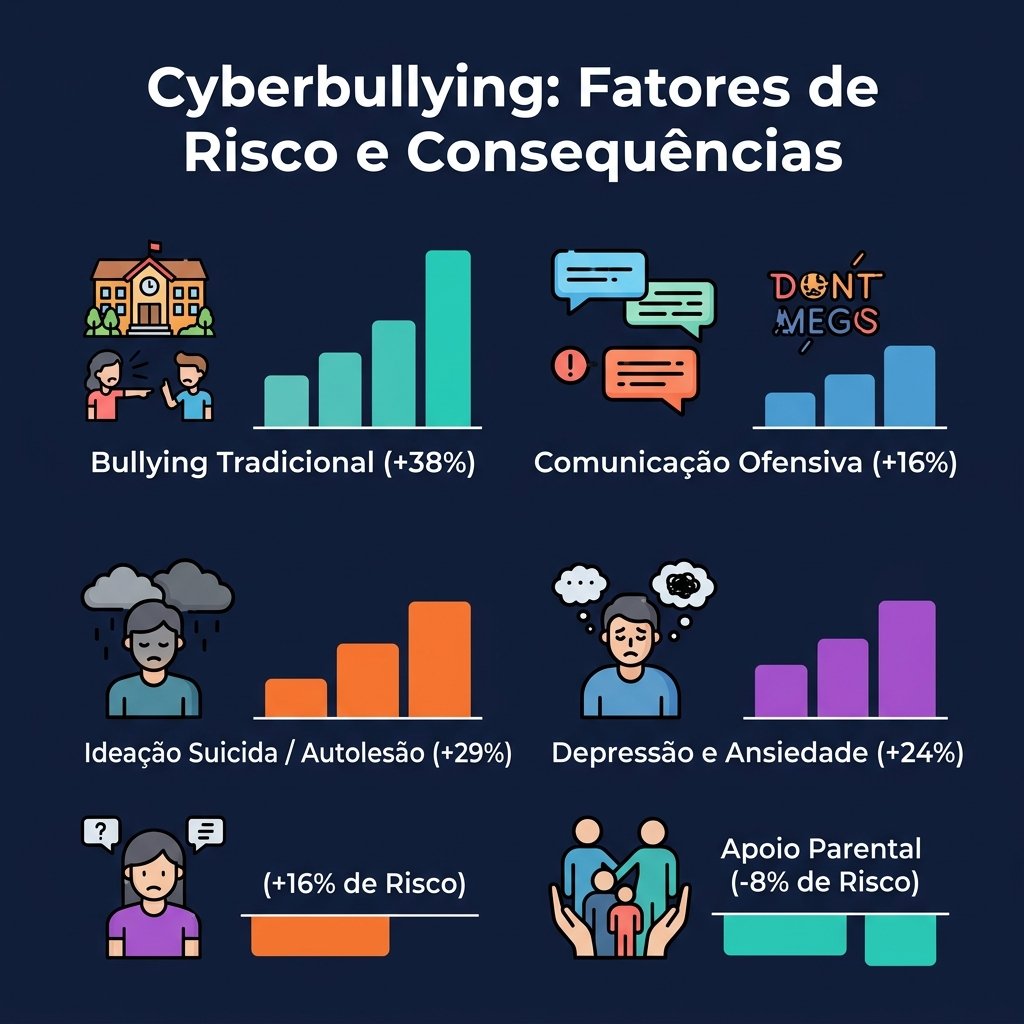 Infográfico demonstrando os fatores de risco e impacto da vitimização por cyberbullying na saúde mental