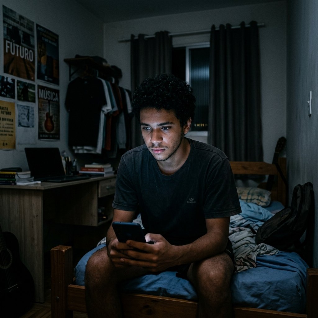 Adolescente sentado à noite com o celular iluminando o rosto, expressando esperança e medo do futuro ao mesmo tempo