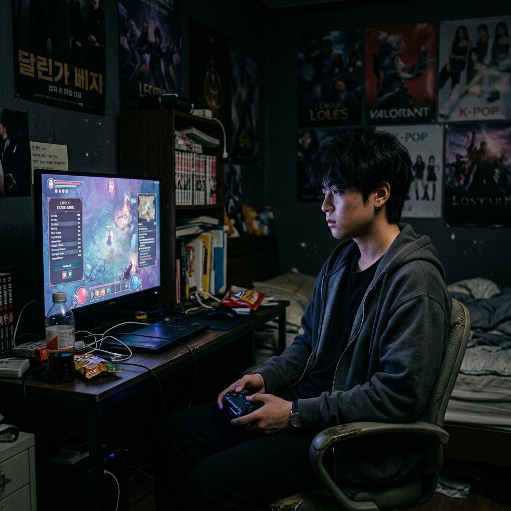 Adolescente em quarto escuro lidando com infância adversa e vício em games