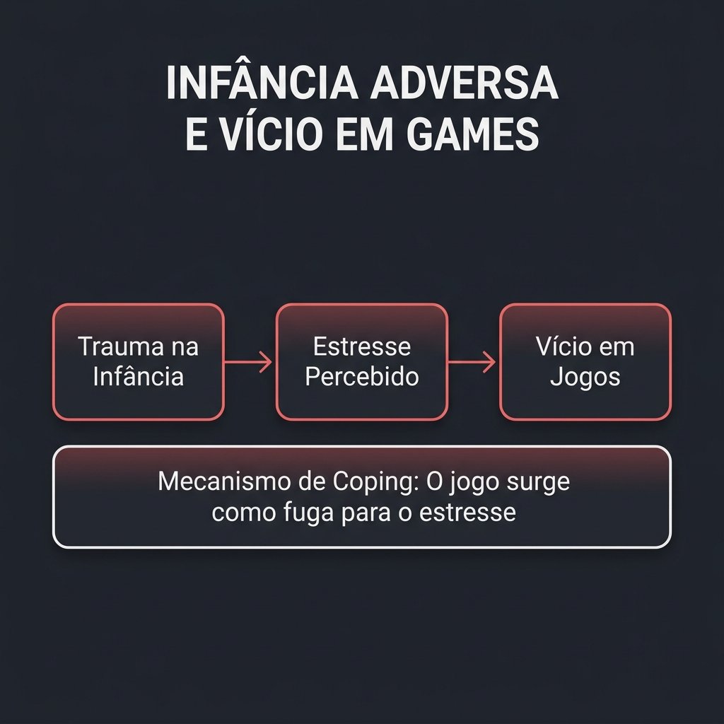 Infográfico resumindo a relação entre infância adversa e vício em games mediada pelo estresse e modelo I-PACE