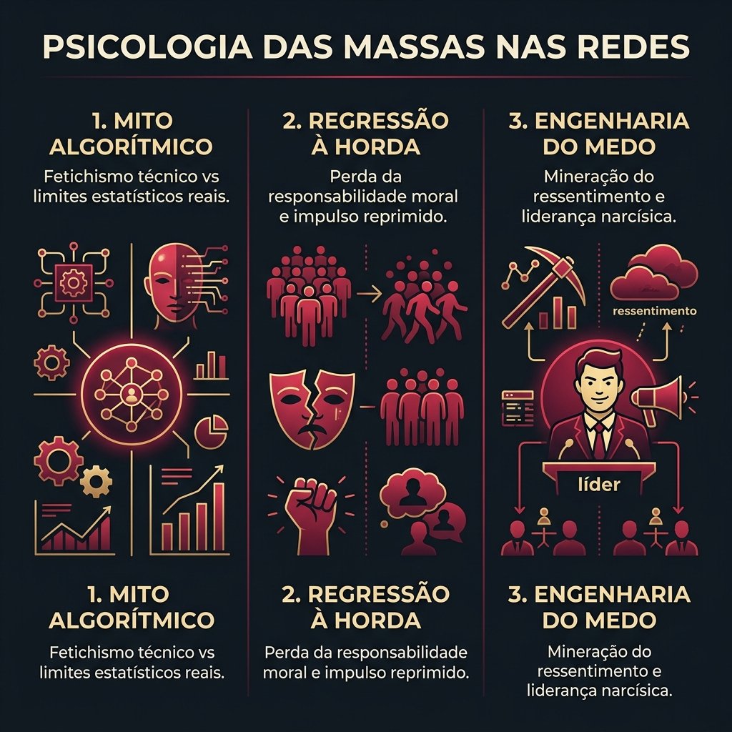 Infográfico resumindo a psicologia das massas nas redes sociais e os limites do algoritmo