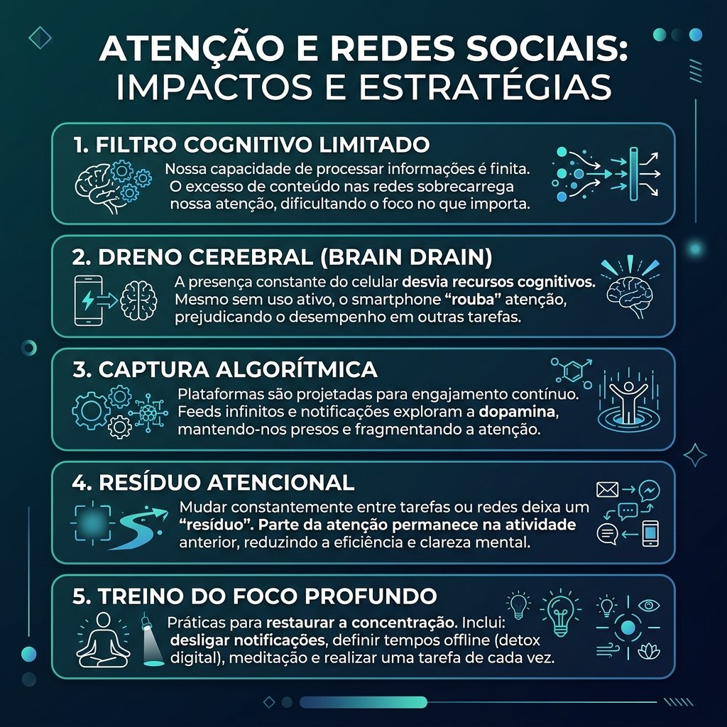 Infográfico com cinco achados sobre atenção e redes sociais: filtro limitado, dreno cerebral, captura algorítmica, resíduo atencional e treino do foco