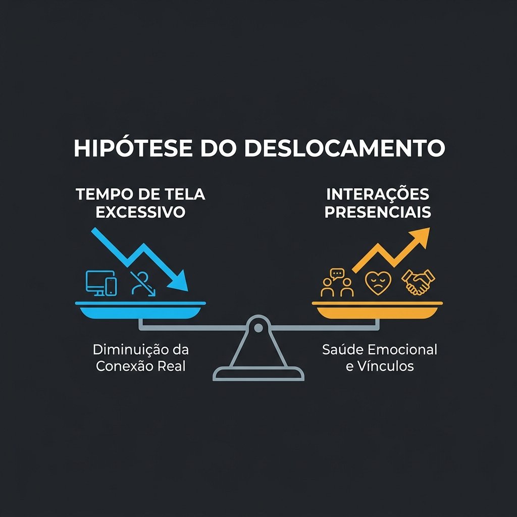 Infográfico em estilo de design limpo: 3 colunas onde vemos ícones de Sono (lua), Refeições (prato) e Conexão Humana, todos sendo pressionados para baixo por um símbolo de celular iluminado e bolhas de notificação.