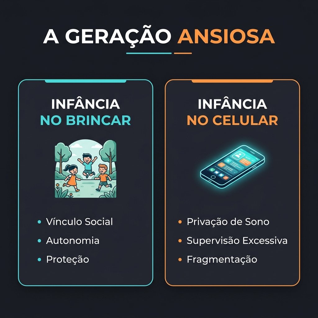 Infográfico: A Grande Reconfiguração da Infância — os dois mundos e os quatro prejuízos fundamentais identificados por Jonathan Haidt
