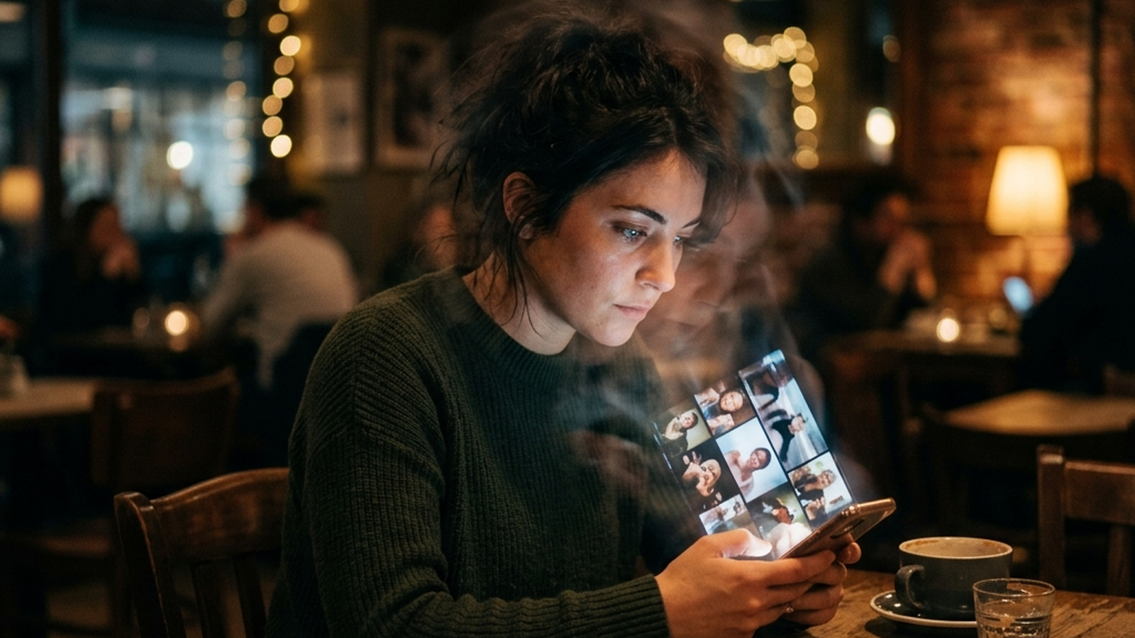 Jovem em um café olhando um feed de vídeos curtos no celular, cena que ilustra a relação entre vídeos curtos e memória prospectiva